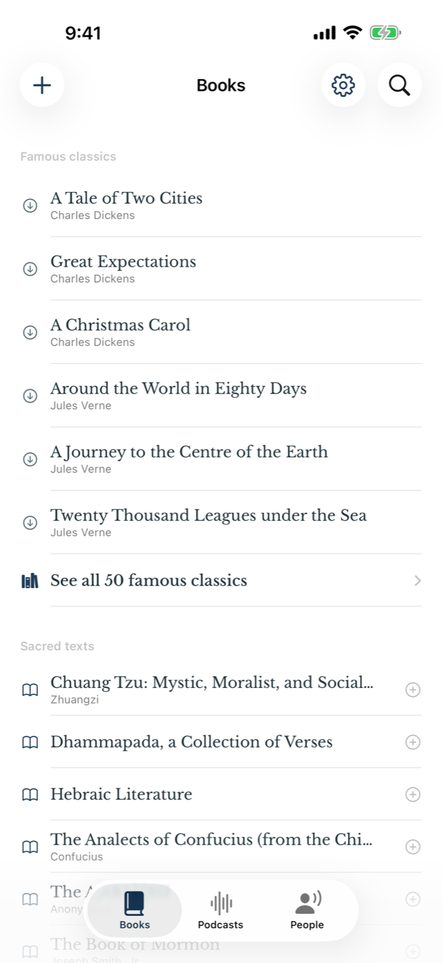 Landfall Books showing famous classics available to add and included sacred texts